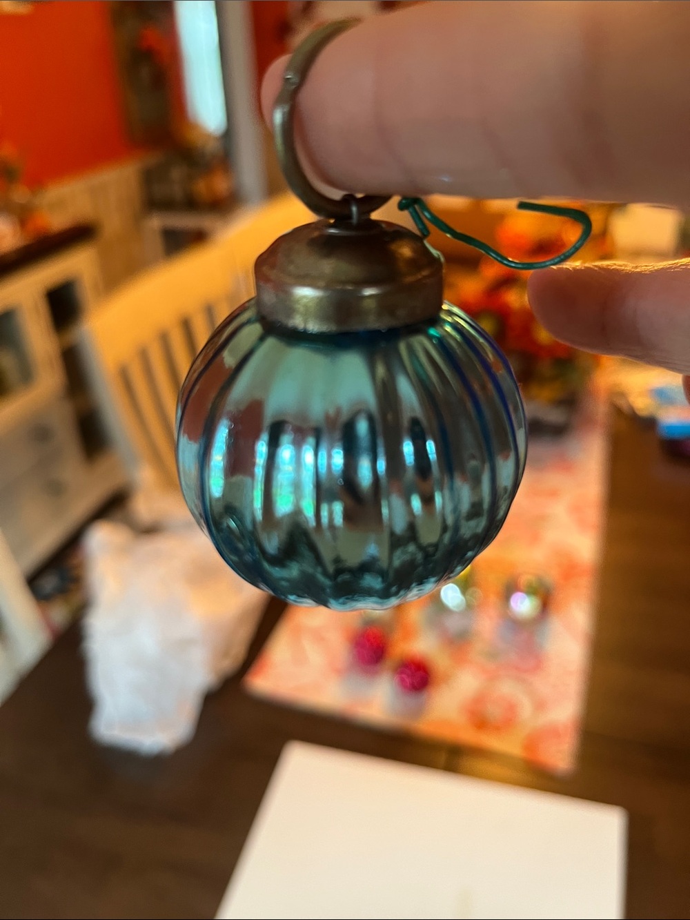 Vintage Teal Ribbed Glass Ornament with Brass Cap